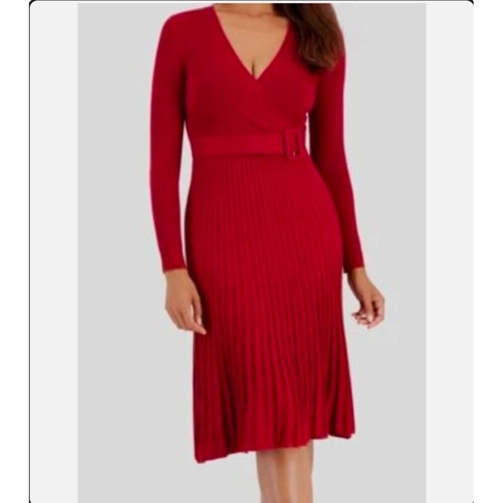 Signature By Robbie Bee Red Ribbed Wrap Dress